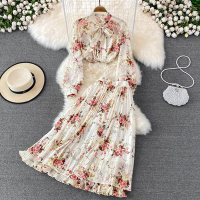 Fashion suit female super fairy loose bow tie floral chiffon shirt two-piece high waist pleated skirt spring