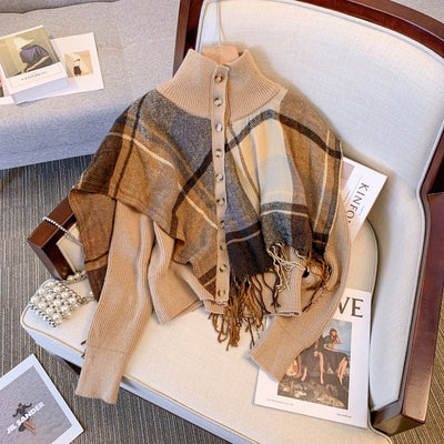 Large size women's clothing 2022 fat sister autumn and winter new plaid fringed shawl fake two-piece high-neck thickened sweater women