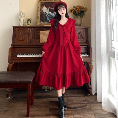 Large size French age-reducing doll collar red dress women's spring and autumn new Hepburn style toast dress long skirt