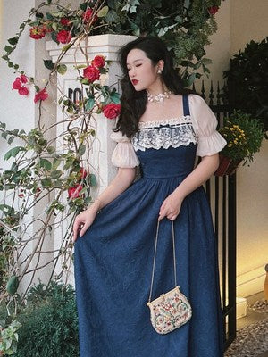 French temperament retro jacquard lace palace style square neck dress female summer design sense niche fairy dress