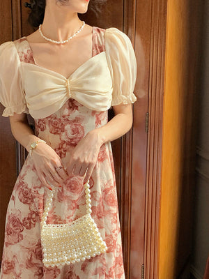 2022 summer new French design rose print dress retro court style chiffon slim long skirt