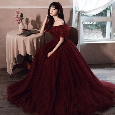 Wine Red Bridal Toast Dress Douyin New Wedding Simple Large Temperament Long One-word Shoulder Thin Pregnant Women Autumn