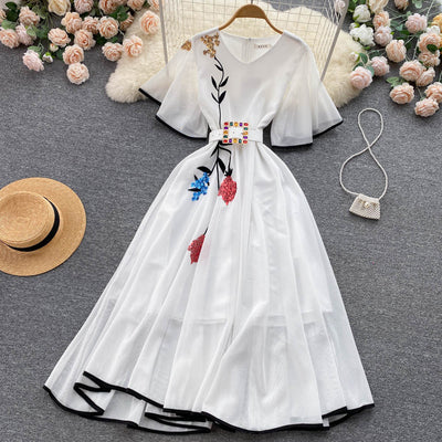 Atmosphere light familiar style embroidered V-neck dress summer women's French chic stunning waist slim long skirt