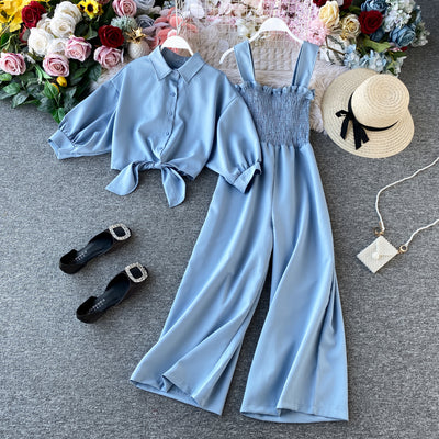 Fashion suit overalls women's slim tube top high-waisted wide-leg jumpsuit + short foreign style shirt top two-piece set