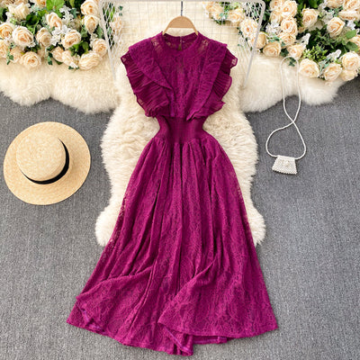 Light mature women's French elegant and feminine French pleated ruffles waist and thin temperament lace dress spring