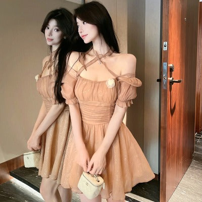 French-style first love sweet sexy low-cut waist slim puff sleeves short front and back long dress fluffy A-line skirt trendy