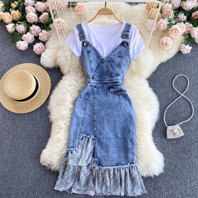 Suspender skirt suit women's summer short-sleeved T-shirt women's all-match design sense ruffle irregular dress two-piece set