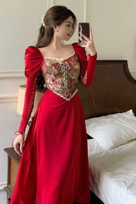 French retro high-end red dress women's 2022 spring new court style sexy waist slim long skirt