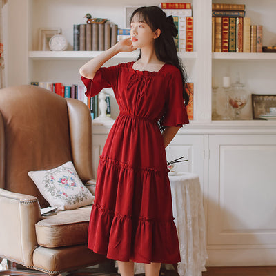 Red dress female summer girl long skirt French retro temperament waist skirt Mori first love skirt 2022 new