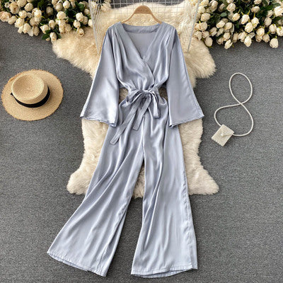 Satin jumpsuit women's early autumn new style slim straight tube loose drape jumpsuit casual high waist wide leg pants