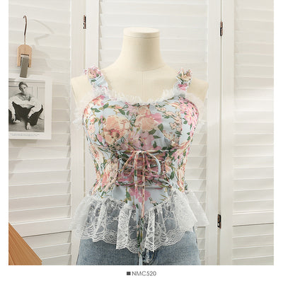 Lace stitching fungus edge printing slim-fit camisole women's sweet wind bow tie waist waist thin little shirt fairy