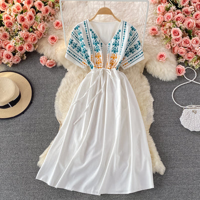 Embroidered V-Neck Cotton Linen Dress Short Sleeve Bohemian Ethnic Beach Dress Seaside Holiday Big Swing Long Skirt