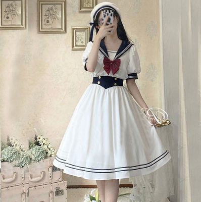 2022 summer new Japanese college style JK navy collar dress female students waist and slim mid-length skirt