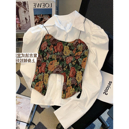 White puff sleeve shirt women's 2023 spring and summer new retro strap light familiar French high-end chic top