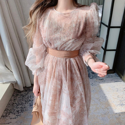 Korean chic early spring sweet and age-reducing round neck slightly permeable ink puff sleeves waist slimming mesh dress female