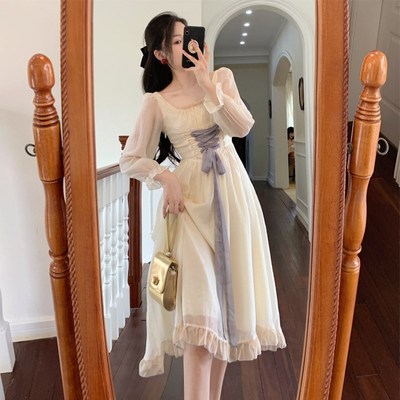 French retro court style dress women's early autumn puff sleeves waist thin straps gentle wind first love fairy skirt