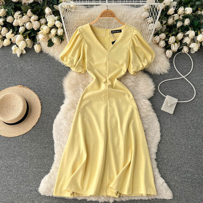 2022 new design, light, familiar, light yolk long skirt, goddess temperament, western style, sexy V-neck dress