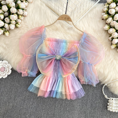 Summer new French style square neck bow puff short-sleeved rainbow mesh chiffon shirt women's foreign style short top grass