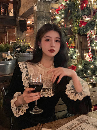 French retro scheming design sense of little black dress Hepburn style light luxury temperament celebrity royal sister lace velvet dress