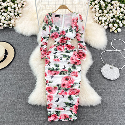 Spring 2022 European and American ladies temperament sexy long-sleeved square-neck mesh print slim wrap-arm dress dress