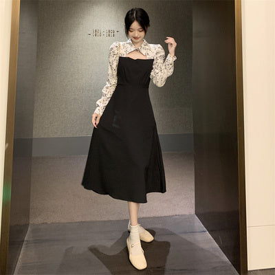 Large size spring new fat mm French retro floral skirt stitching fake two-piece waist and thin mid-length dress