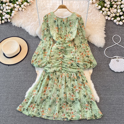 Autumn French light familiar style round neck fishtail dress puff sleeves chiffon floral skirt lady temperament long skirt