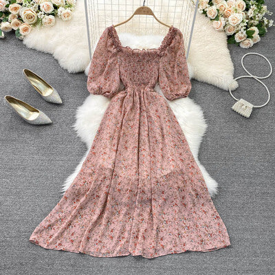 2023 summer new first love skirt square collar floral chiffon skirt tea Xie Sen bellflower skirt A-line dress