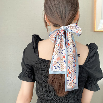 Silk scarf hairband female summer small long strip super fairy tied hair streamer spring and autumn tied bag ribbon belt Korean version braided scarf