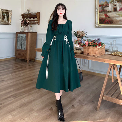 Large size early spring new fat mm retro green square-neck dress women's waist was thin and strapped temperament mid-length skirt