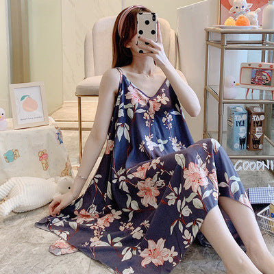 Japanese cotton silk suspender nightdress women's summer thin pajamas loose long section fresh rayon princess style home clothes