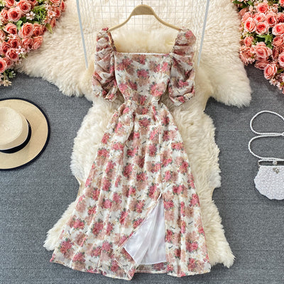 French retro sweet floral chiffon square neck dress female summer first love skirt temperament skirt fairy super fairy forest