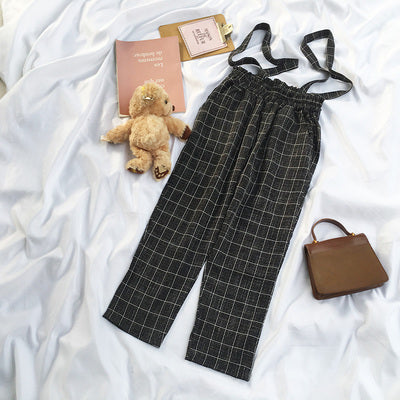 Hong Kong-style boyfriend style suit scarf collar loose all-match plaid shirt elastic waist is thin and tall straight overalls