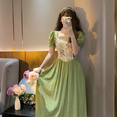 French retro palace style dress summer 2022 new women's stitching design sense is thin and temperament oil painting long skirt