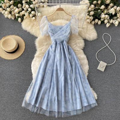 French girl temperament dress female design sense niche retro puff sleeves stitching mesh sequins fairy skirt