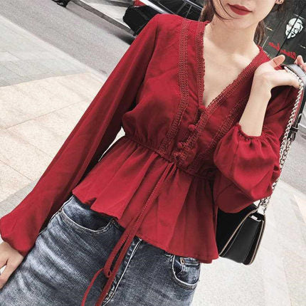 Spring new V-neck long-sleeved belly-covering T-shirt lace stitching drawstring top women's net red chiffon waist bottoming shirt