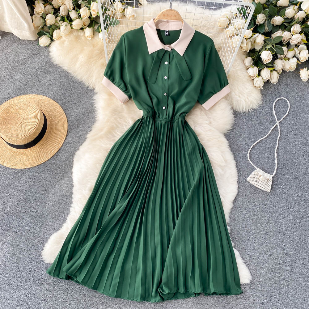 Fresh and age-reducing elegant ladylike dress lapel short-sleeved tie waist waist slimming A-line large swing pleated skirt