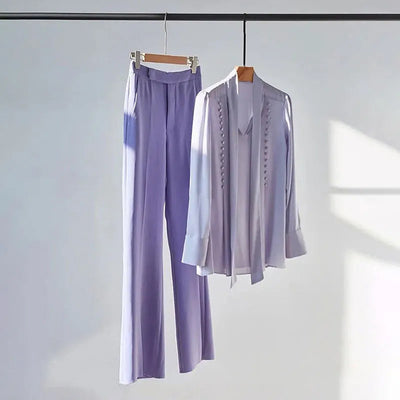 2022 summer new French style small fragrance suit goddess wears taro purple chiffon shirt straight pants two-piece suit