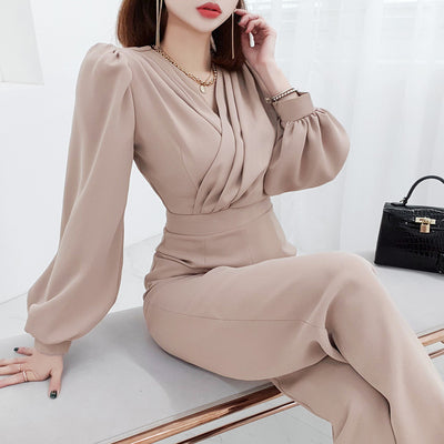 2022 spring new Korean version of the V-neck slim temperament jumpsuit fashion waist and thin professional goddess jumpsuit