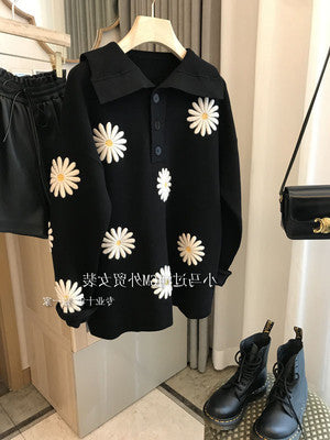 Brand Discount Clearance Counter Withdrawal Daisy Embroidery Lapel Loose Profile Flower Knit Pullover Sweater Women