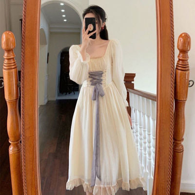 Palace Hepburn style French square collar dress 2021 new waist and thin Mori princess fairy skirt summer