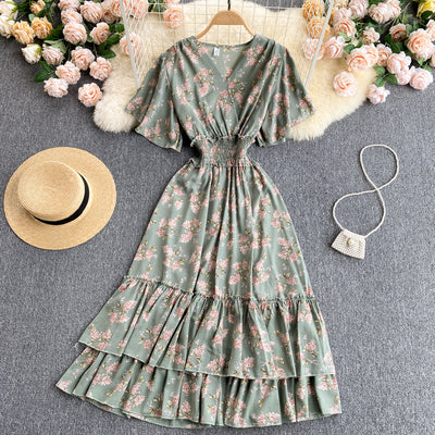 French dress 2022 new summer dress temperament V-neck elastic waist thin ruffled floral holiday skirt