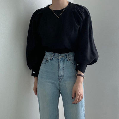 Chic French shirt women's autumn new women's tops round neck puff sleeves loose temperament all-match micro-transparent shirt women