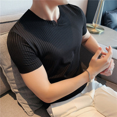 Short-sleeved t-shirt men's tide brand thin ice silk seamless comfortable elastic hollow stripe slim round neck half-sleeved summer men