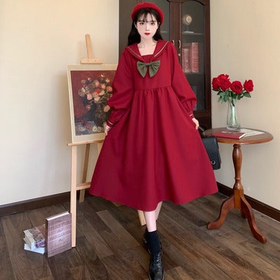 Large size new year red dress 2022 spring new fat sister Hepburn navy collar girlish western style long skirt