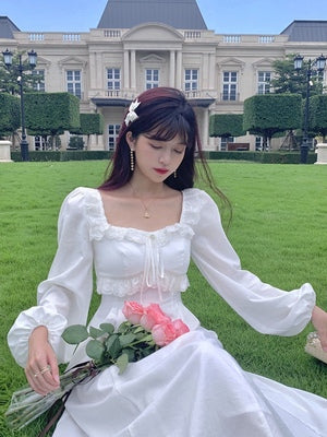 French gentle style square collar spring and autumn new style waist and thin mid-length white first love dress fairy little white dress