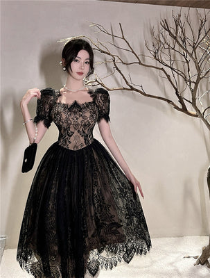 French Hepburn style high-end princess skirt 2022 summer new lace dress femininity beautiful long skirt