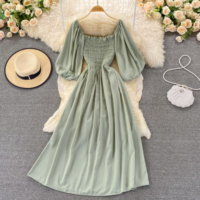 Spring and autumn new Korean version of the super fairy backless square collar high waist slim and slim temperament dress a-line large-swing long skirt