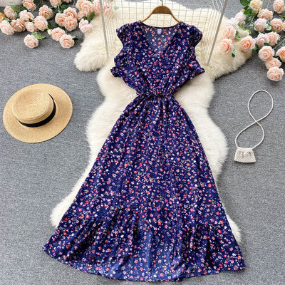 2022 summer new temperament V-neck slim mid-length retro floral bellflower skirt elegant fishtail dress women