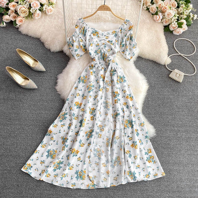 Tea Break Bellflower Skirt Summer New Waist Thin, Gentle and Sweet First Love Square Collar Floral A-Line Large Swing Dress