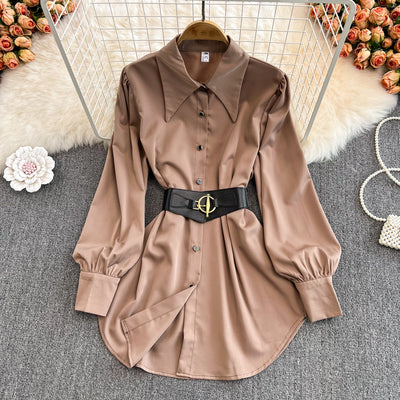 Spring Korean version of the temperament POLO collar waist slim pleated mid-length cardigan shirt skirt Western chic top